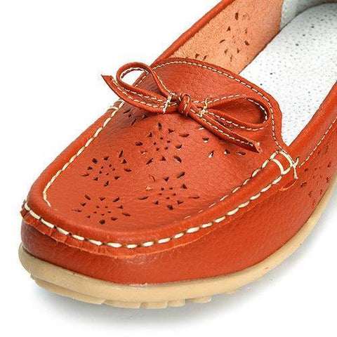 Hollow Out Breathable Bowknot Leather Slip On Soft Loafers