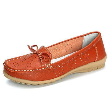 Hollow Out Breathable Bowknot Leather Slip On Soft Loafers