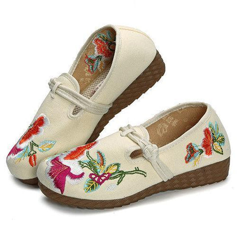 Embroidery Flower Retro Slip On Chinese Knot Flat Loafers For Women