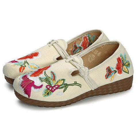 Embroidery Flower Retro Slip On Chinese Knot Flat Loafers For Women