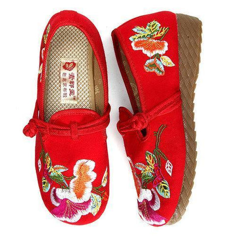 Embroidery Flower Retro Slip On Chinese Knot Flat Loafers For Women