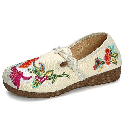 Embroidery Flower Retro Slip On Chinese Knot Flat Loafers For Women