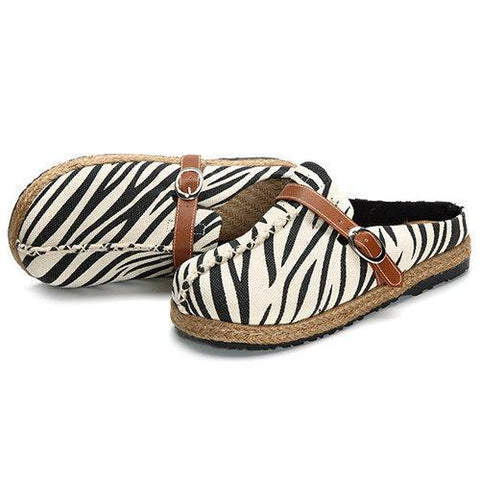 Zebra Pattern Comfortable Buckle Slippers Open Heel Flat Shoes