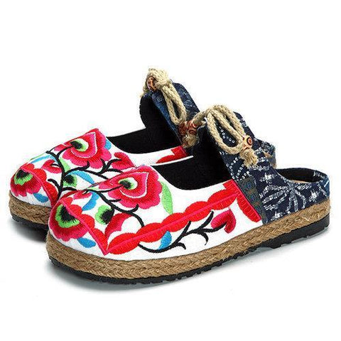 Red Flower Backless Butterfly Knot Knitting Flat Retro Shoes