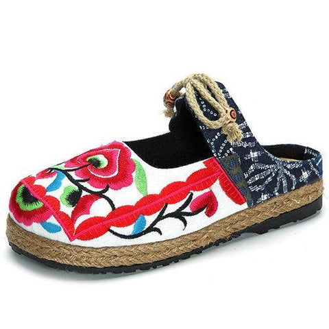 Red Flower Backless Butterfly Knot Knitting Flat Retro Shoes