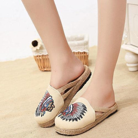 Embroidered Open Heel flax National Wind Slip On Slippers