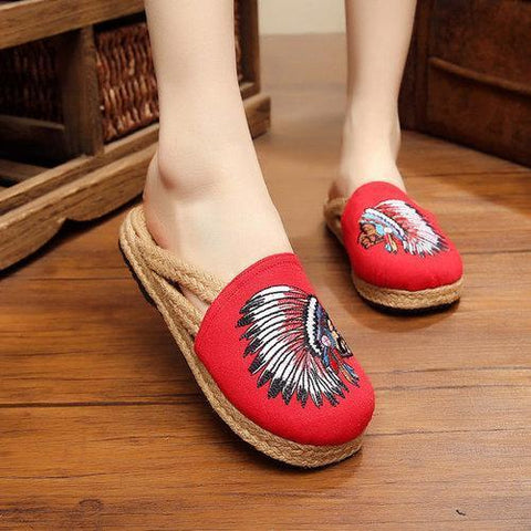 Embroidered Open Heel flax National Wind Slip On Slippers