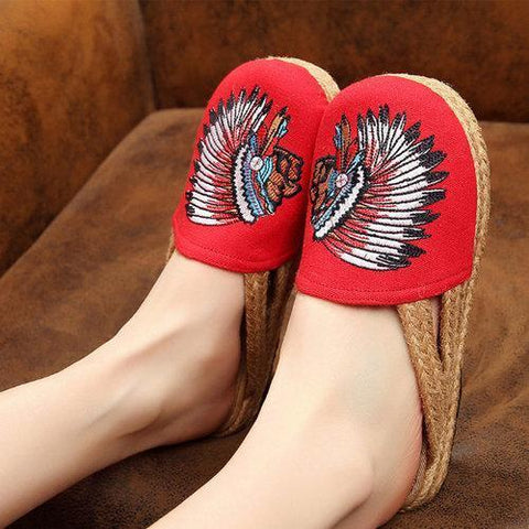 Embroidered Open Heel flax National Wind Slip On Slippers