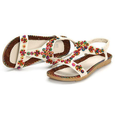 Bohemia Beads Flower Slip On Elastic Bands Flat Sandals