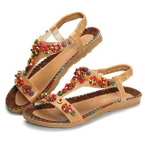 Bohemia Beads Flower Slip On Elastic Bands Flat Sandals