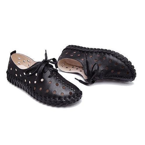 SOCOFY Hollow Out Breathable Stitching Lace Up Leather Soft Shoes