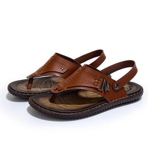 Men Metal Decoration Clip Toe Hand Stitching Flat Casual Beach Sandals