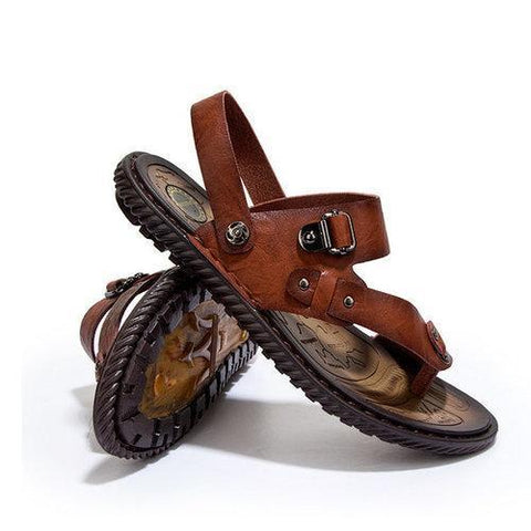 Men Metal Decoration Clip Toe Hand Stitching Flat Casual Beach Sandals