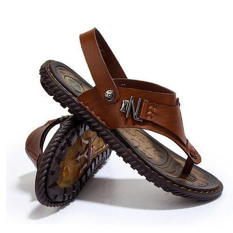 Men Metal Decoration Clip Toe Hand Stitching Flat Casual Beach Sandals