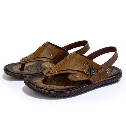 Men Metal Decoration Clip Toe Hand Stitching Flat Casual Beach Sandals