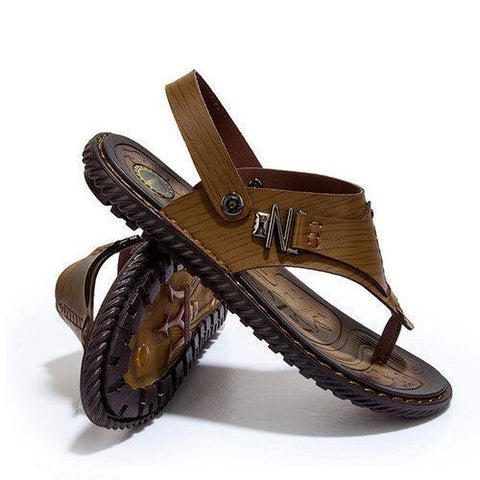 Men Metal Decoration Clip Toe Hand Stitching Flat Casual Beach Sandals