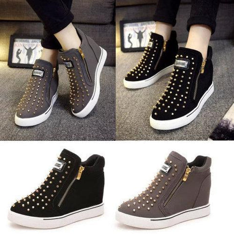 Rivet Zipper Wedge Heel Increasing High Top Casual Shoes