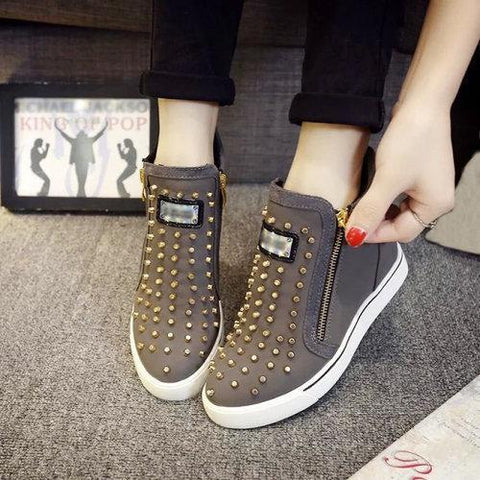 Rivet Zipper Wedge Heel Increasing High Top Casual Shoes