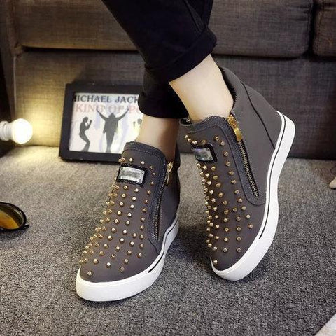 Rivet Zipper Wedge Heel Increasing High Top Casual Shoes