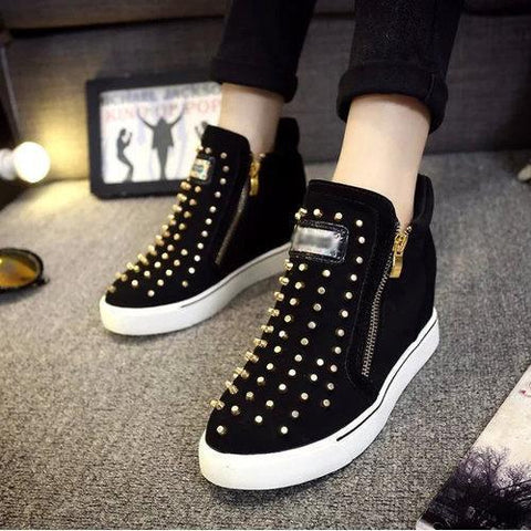 Rivet Zipper Wedge Heel Increasing High Top Casual Shoes