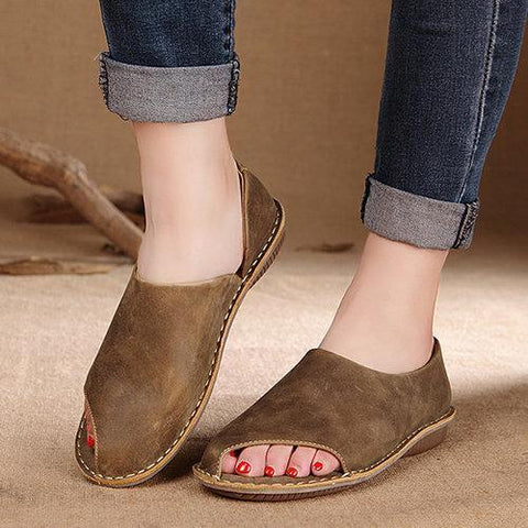 Socofy Hollow Out Breathable Leather Peep Toe Flat Loafers