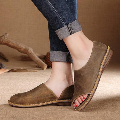 Socofy Hollow Out Breathable Leather Peep Toe Flat Loafers