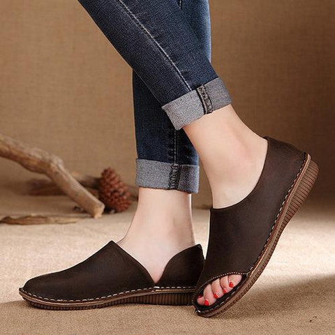 Socofy Hollow Out Breathable Leather Peep Toe Flat Loafers