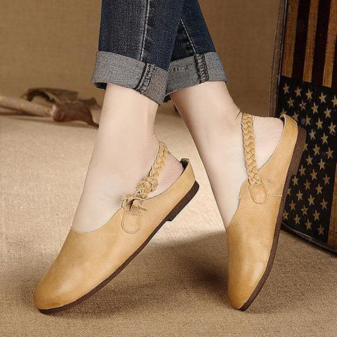 Socofy Pure Color Leather Knitting Elastic Band Soft Slingback Loafers