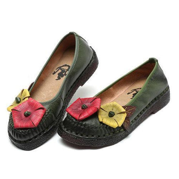 SOCOFY Flower Leaf Soft Leather Stitching Handmade Flat Vintage Loafers