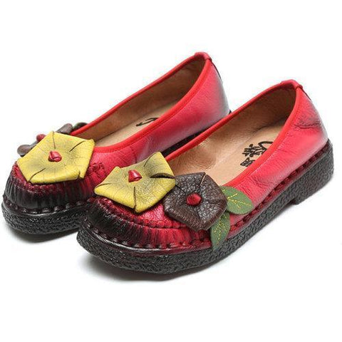 SOCOFY Flower Leaf Soft Leather Stitching Handmade Flat Vintage Loafers