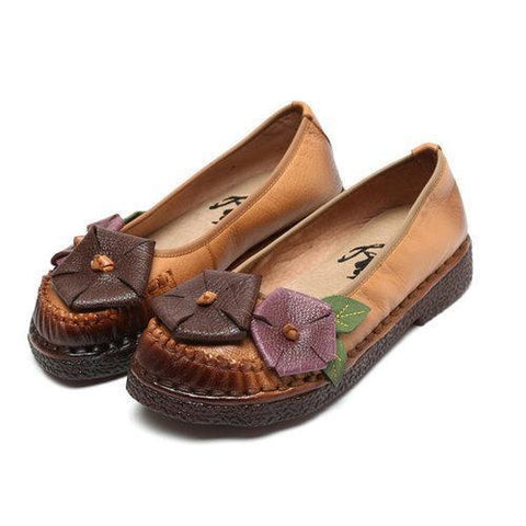 SOCOFY Flower Leaf Soft Leather Stitching Handmade Flat Vintage Loafers