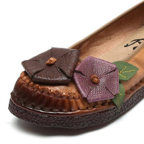 SOCOFY Flower Leaf Soft Leather Stitching Handmade Flat Vintage Loafers