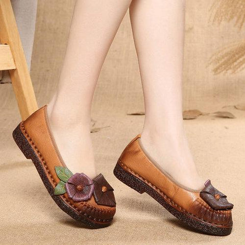 SOCOFY Flower Leaf Soft Leather Stitching Handmade Flat Vintage Loafers