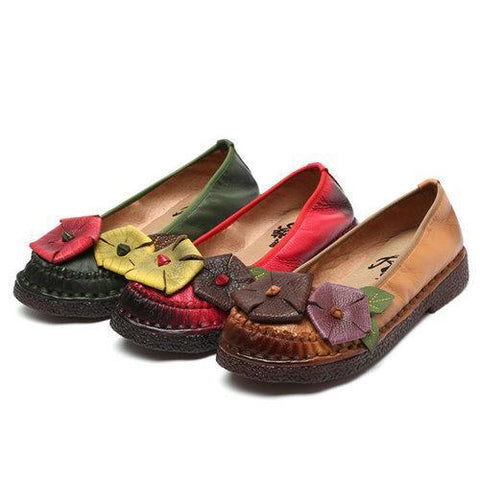 SOCOFY Flower Leaf Soft Leather Stitching Handmade Flat Vintage Loafers