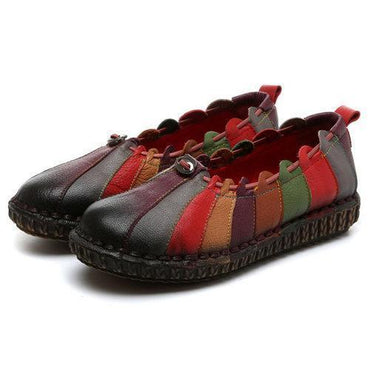 Socofy Rainbow Weave Leather Soft Flat Vintage Loafers