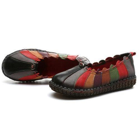 Socofy Rainbow Weave Leather Soft Flat Vintage Loafers