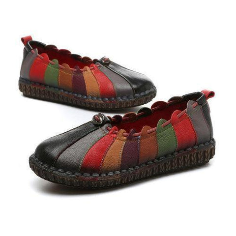 Socofy Rainbow Weave Leather Soft Flat Vintage Loafers