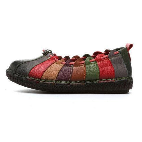 Socofy Rainbow Weave Leather Soft Flat Vintage Loafers