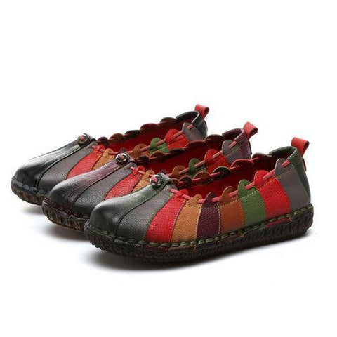 Socofy Rainbow Weave Leather Soft Flat Vintage Loafers