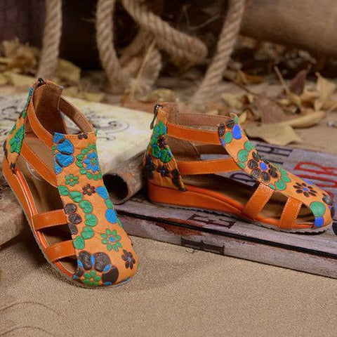 SOCOFY Flower Print Leather Hollow Out Strappy Zipper Sandals