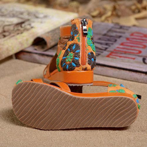 SOCOFY Flower Print Leather Hollow Out Strappy Zipper Sandals