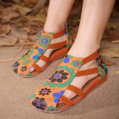 SOCOFY Flower Print Leather Hollow Out Strappy Zipper Sandals