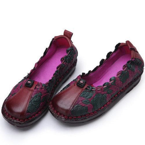 SOCOFY Rose Flower Soft Vintage Leather Stitching Loafers