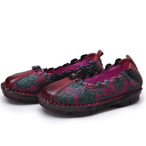 SOCOFY Rose Flower Soft Vintage Leather Stitching Loafers