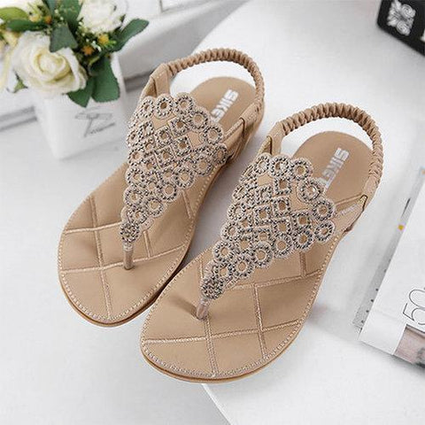 Bohemia Rhinestones Clip Toe Elastic Band Flat Beach Sandals