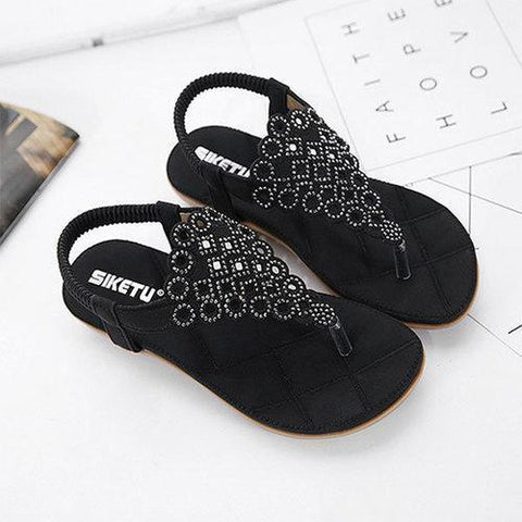 Bohemia Rhinestones Clip Toe Elastic Band Flat Beach Sandals