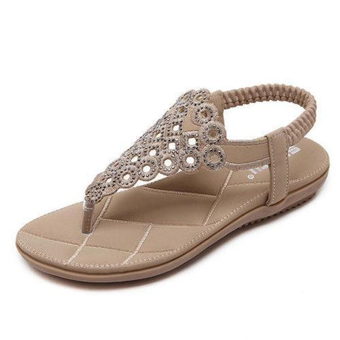 Bohemia Rhinestones Clip Toe Elastic Band Flat Beach Sandals