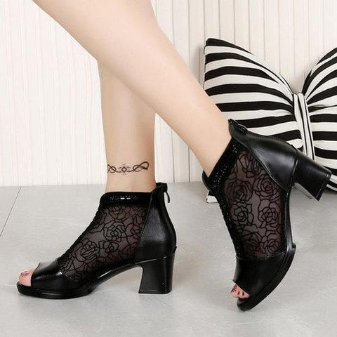 Breathable Hollow Out Fish Mouth Leather Mid Heel Pumps