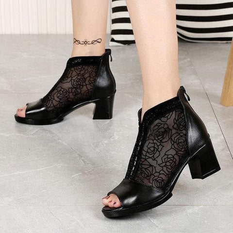 Breathable Hollow Out Fish Mouth Leather Mid Heel Pumps