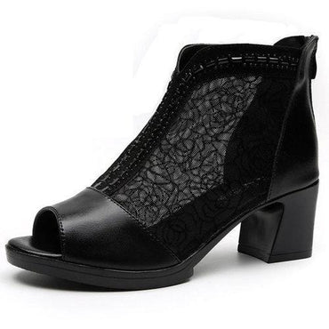 Breathable Hollow Out Fish Mouth Leather Mid Heel Pumps